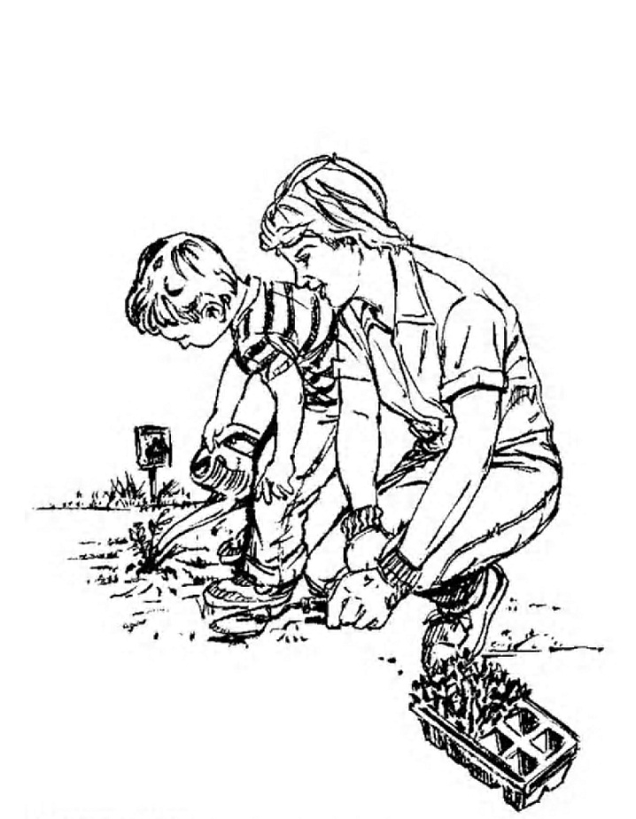 Dad and Son Water Plants